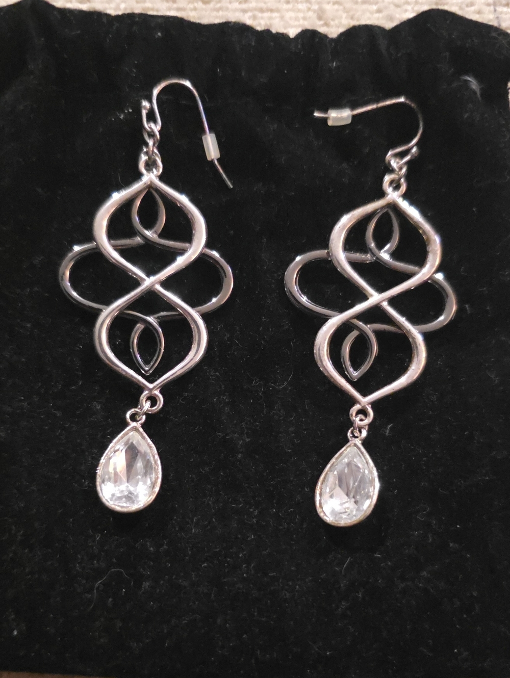 Avon 2 Toned Silver Teardrop Dangle Earrings with Clear Crystal Accent